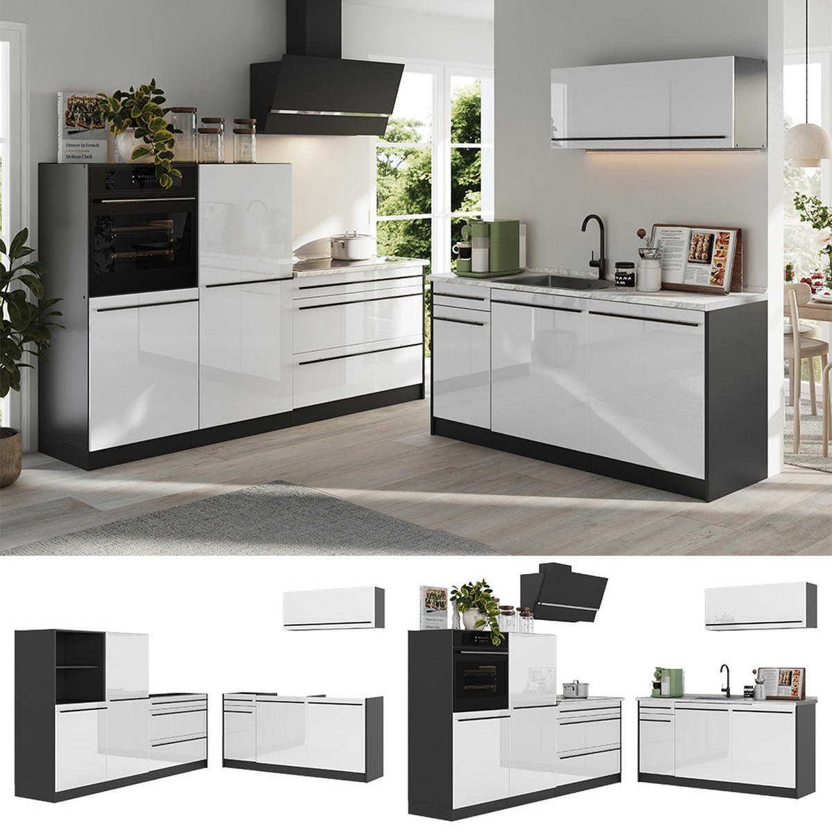 KÜCHENZEILE R-Line, Weiß Hochglanz/Anthrazit, 220 cm Arbeitsplatte Anthrazit - Weiß Hochglanz/Anthrazit, Holzwerkstoff (220/143/60cm) - Vicco