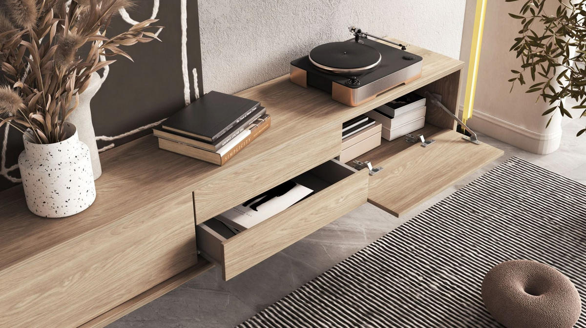 TV stolík Moddern dub so zásuvkami 180/32/36 cm - farba duba/béžová, kompozitné drevo (180/32/36cm) - Selsey