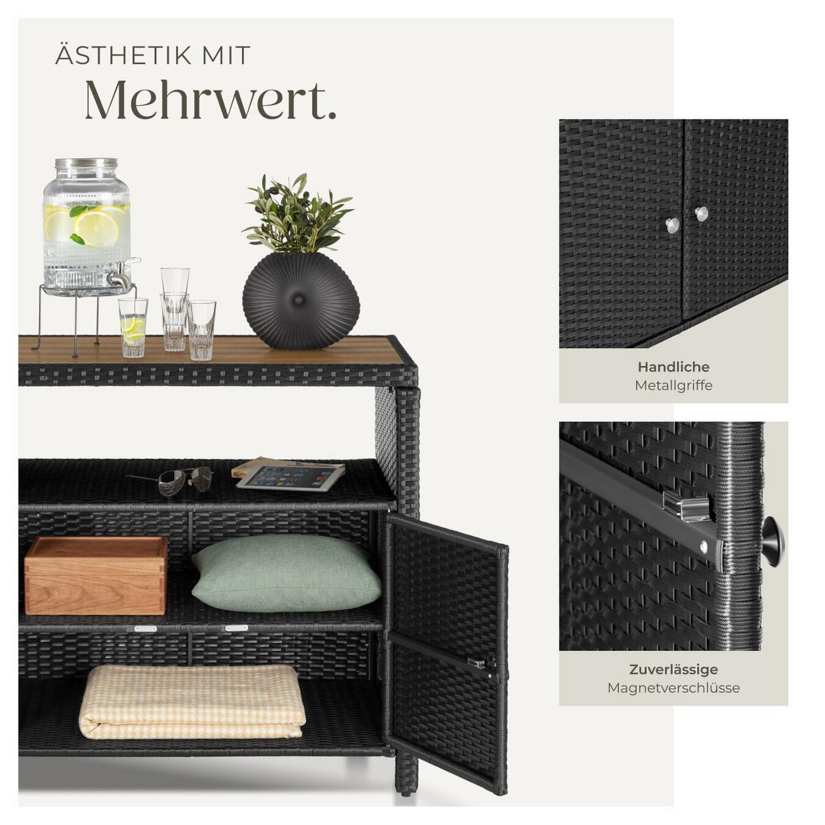 GARTENSCHRANK Monscia, höhenverstellbare Füße, 90 x 55,5 x 87 cm, schwarz - Schwarz, Kunststoff (90/97/55.5cm) - tectake