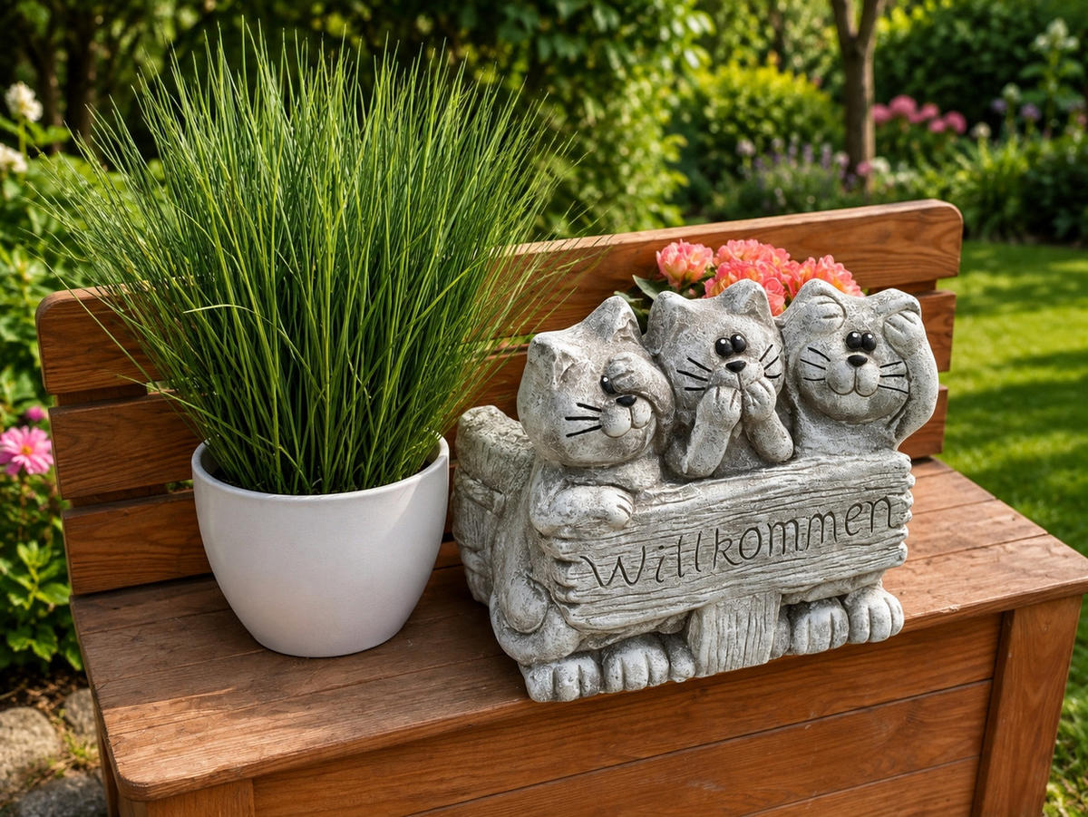 KATZEN Pflanzgefäß 3 Katzen Willkommen aus Steinguss frostfest - Grau, Stein (30/26/35cm) - stoneandstyle