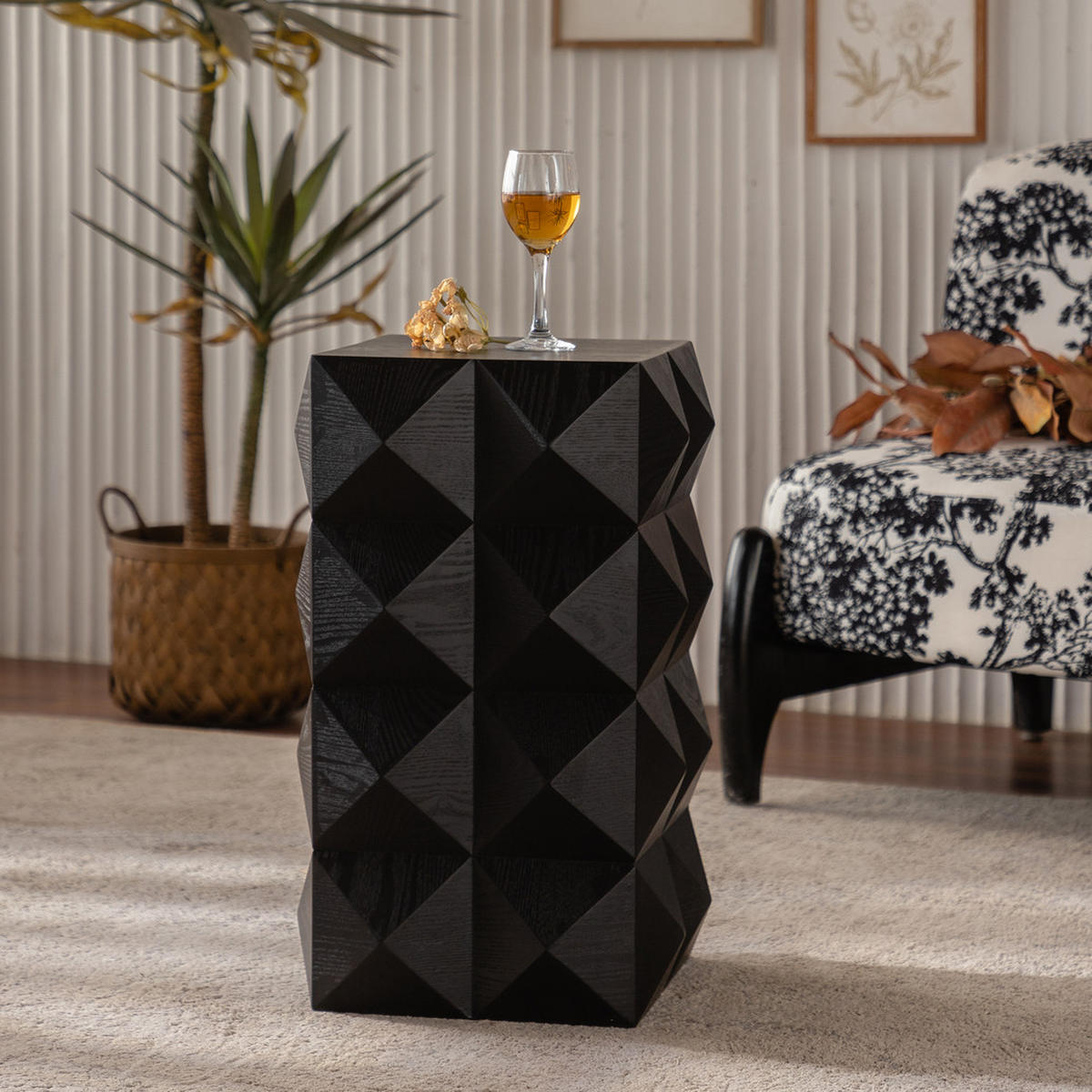 BEISTELLTISCH 60 cm Höhe mit dreidimensionalem Reliefdesign in retro Schwarz - Schwarz, Holzwerkstoff (37/37/60cm) - OKWISH