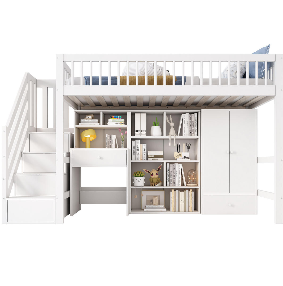 KINDERBETT 90/200 cm mit Schreibtisch, Treppe, Kleiderschrank und Stauraum aus Massivholz/MDF, Weiß - Weiß, Holzwerkstoff (90/200cm) - Redom