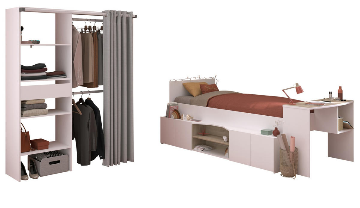 KINDERZIMMER weiß, Eiche 2-teilig, Jugendzimmer-Set mit Stauraumbett und Kleiderschrank - Eichefarben/Weiß, Holzwerkstoff/Metall (241/182/116cm) - Parisot Meuble