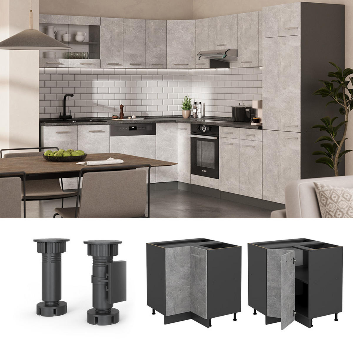 ECKUNTERSCHRANK R-Line Beton 75.6 cm , AP Anthrazit - Schieferfarben/Anthrazit, Holzwerkstoff (75.6/81.6/60cm) - Vicco