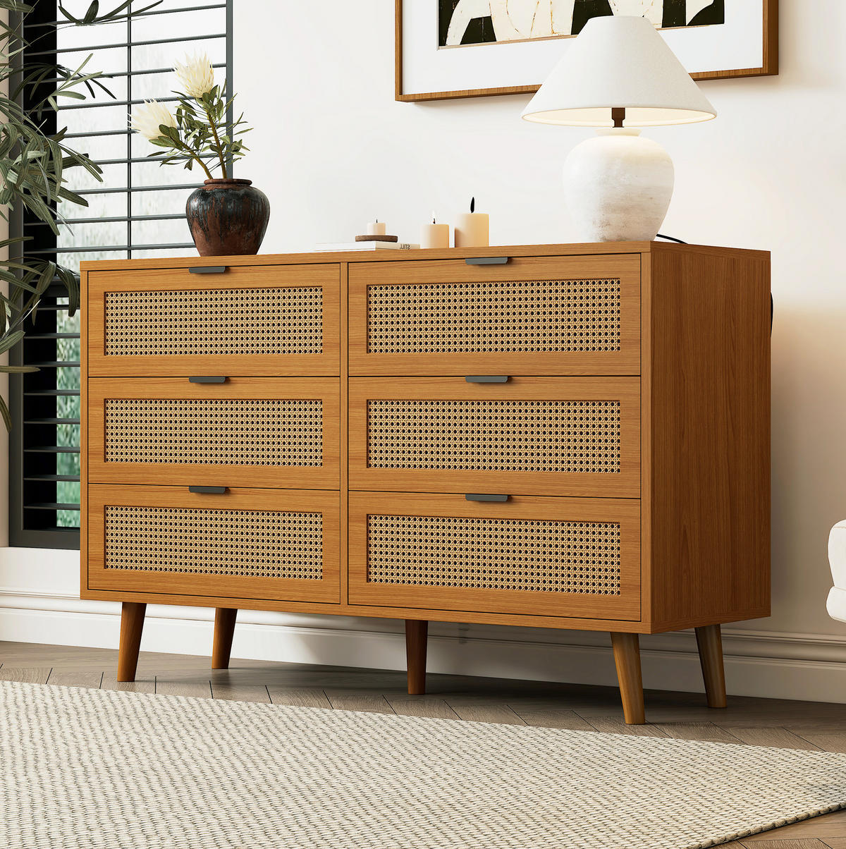 KOMMODE, 6 Schubladen, mit Retro-Rattan-Optik und Metallgriffen, 120x40x76,5 cm, Walnussfarben - Walnussfarben, Holzwerkstoff (40/76.5/120cm) - Modfu