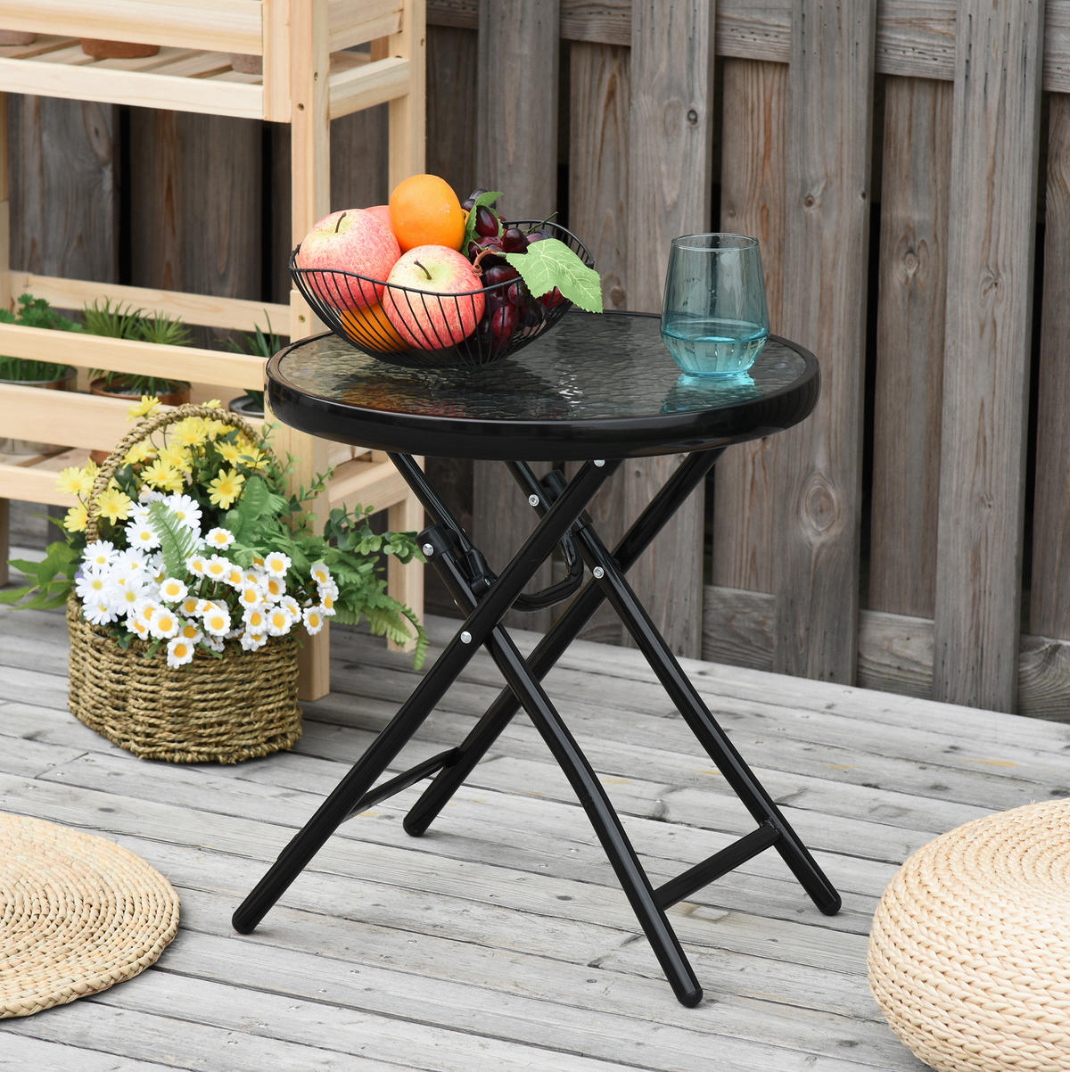 GARTENTISCH aus Metall Ø45x50 cm Schwarz mit Glasplatte - Schwarz, Metall (40/40/50cm) - Modfu