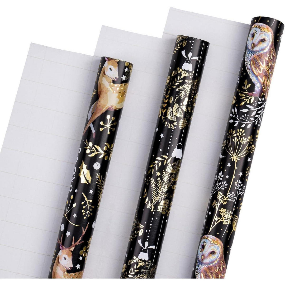 GESCHENKPAPIER 3-teiliges Set mit Eulen- und Rentier-Motiv - Multicolor, Papier (4/44/10cm)