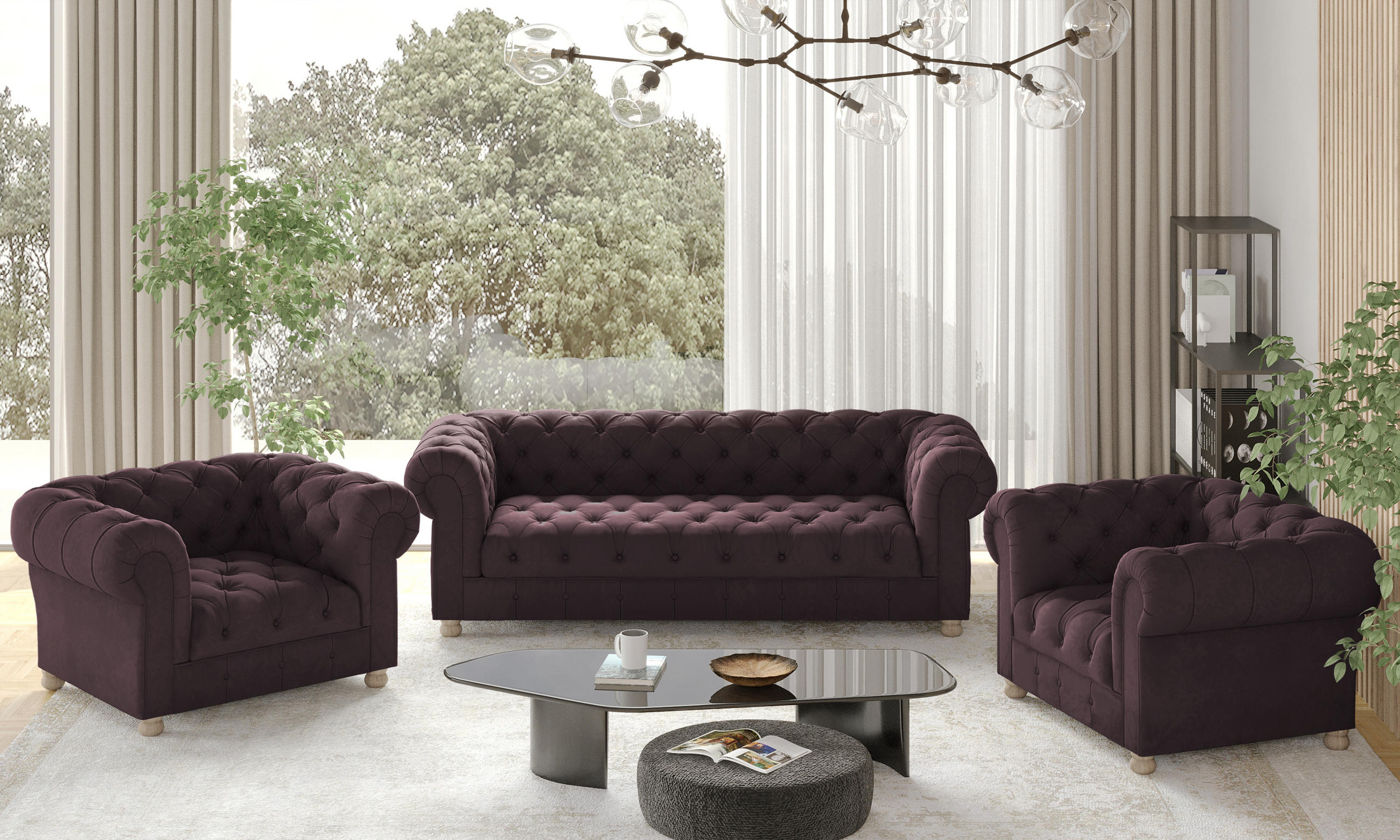 SITZGARNITUR 3+1+1 CHESTERFIELD Elegant Klassisch Schick Stoff Whisper Rotwein - Rot, Holz (202/77/90cm) - Kaiser Möbel