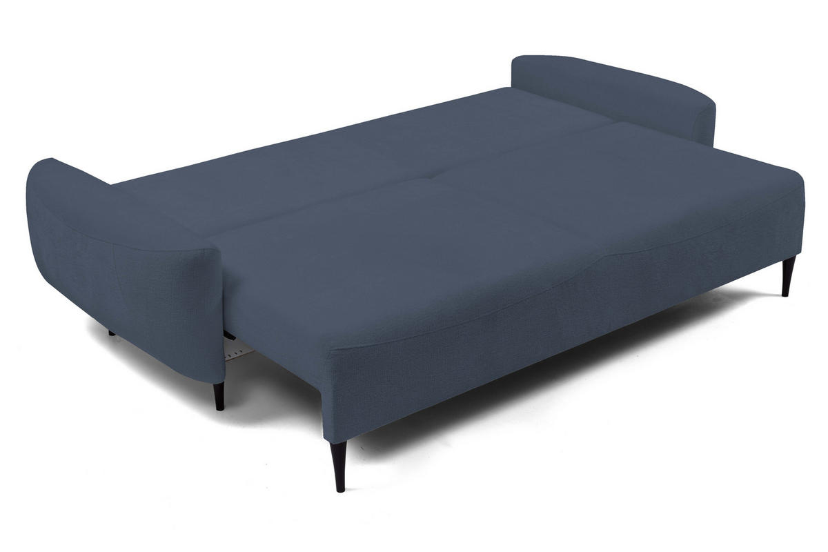 SOFA BOHO Mit Schlaffunktion Und Bettkasten, Wellenfederung, PUR-Schaum, Holzfüße, lose Rückenkissen, freistehend, 244x102x92 cm Dark blue - Dunkelblau, Holz/Textil (244/92/102cm) - DomoHome