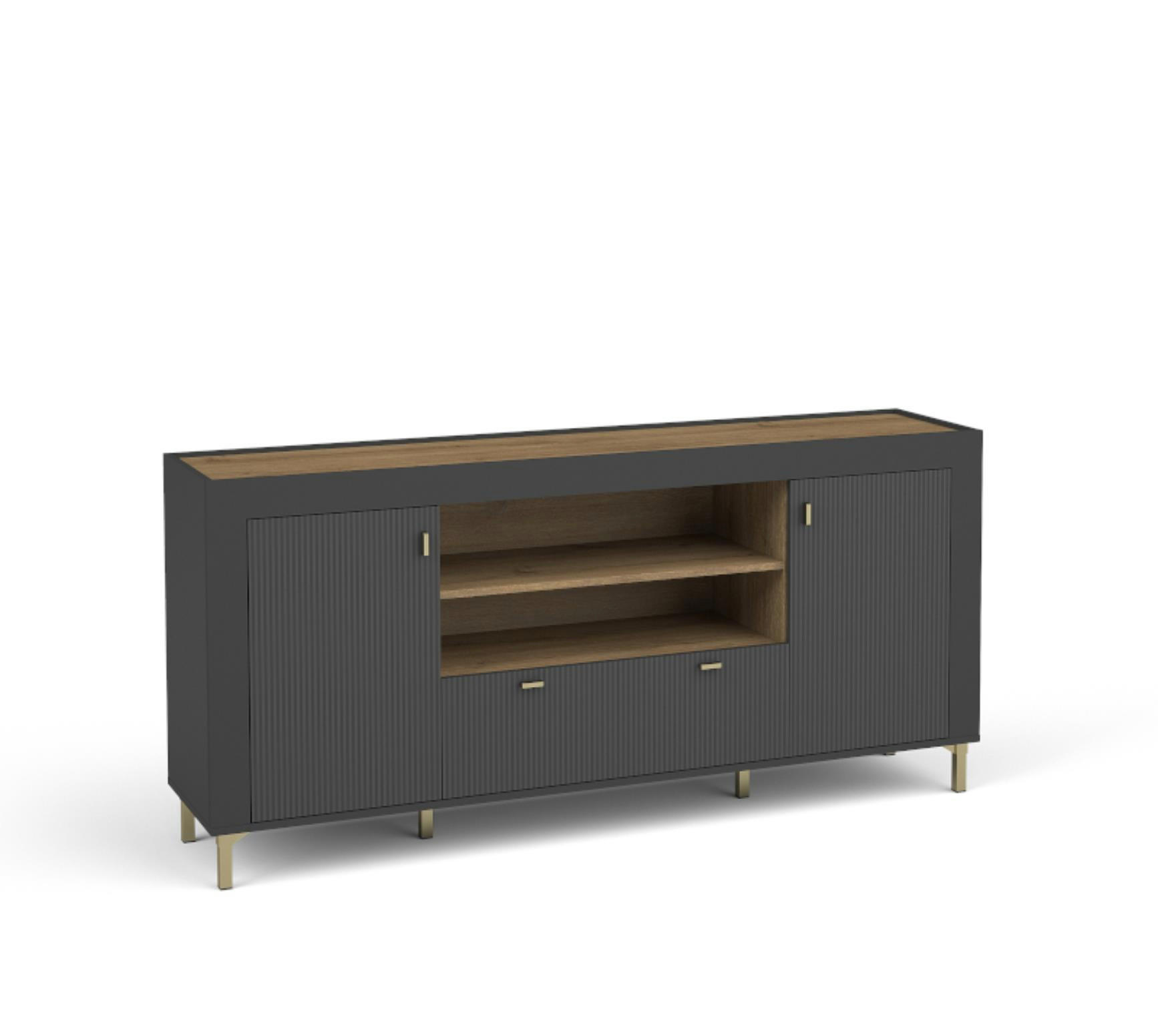 KOMMODE Mossa Schwarz, Zweitürige Kommode mit Schubladen - Goldfarben/Schwarz, Holzwerkstoff (177/84/40cm) - Bettso