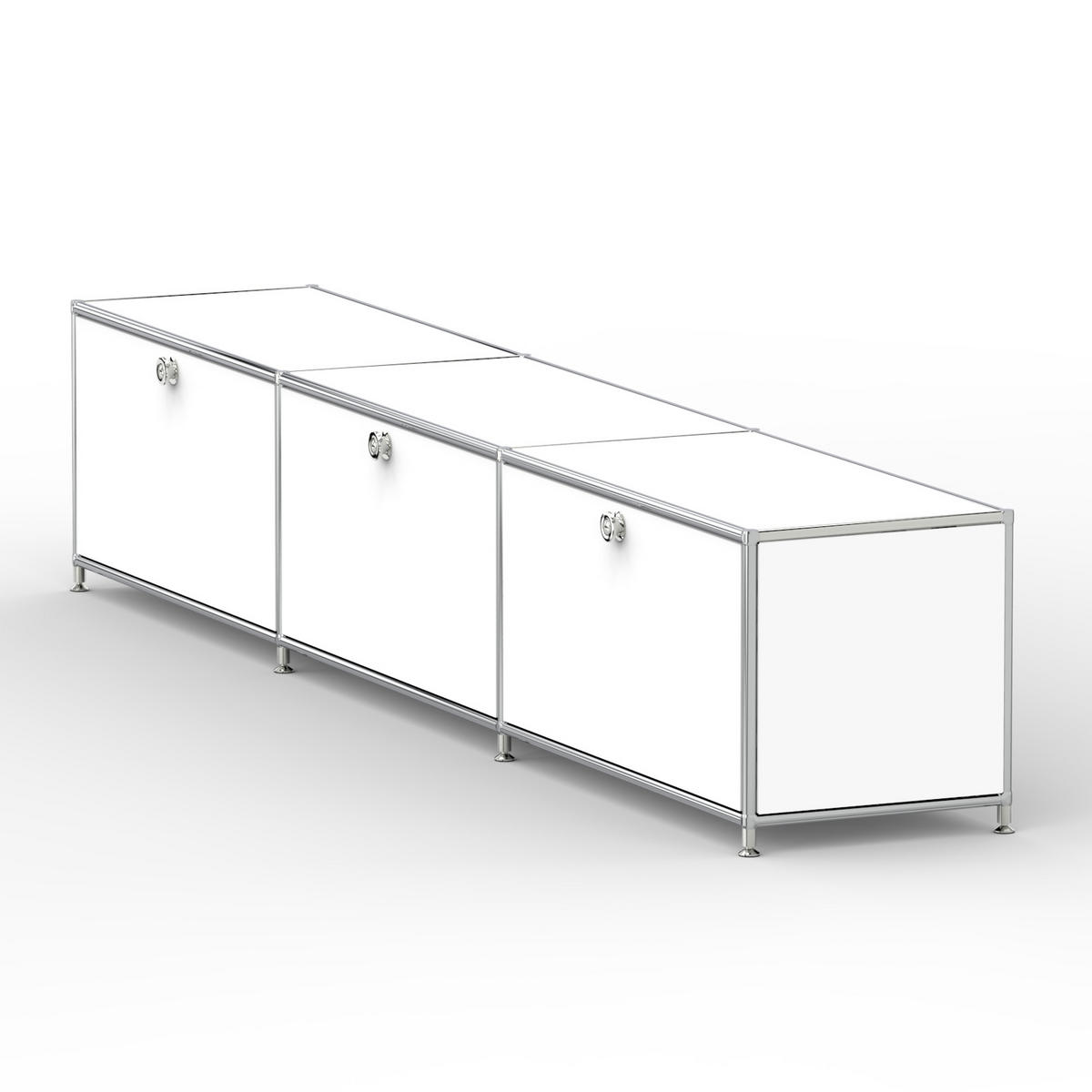 TV Board mit 3 Klappen & Schloss, Breite 227 cm, Signalweiß - Chromfarben/Silberfarben, Metall (40/43/227.2cm) - Versee