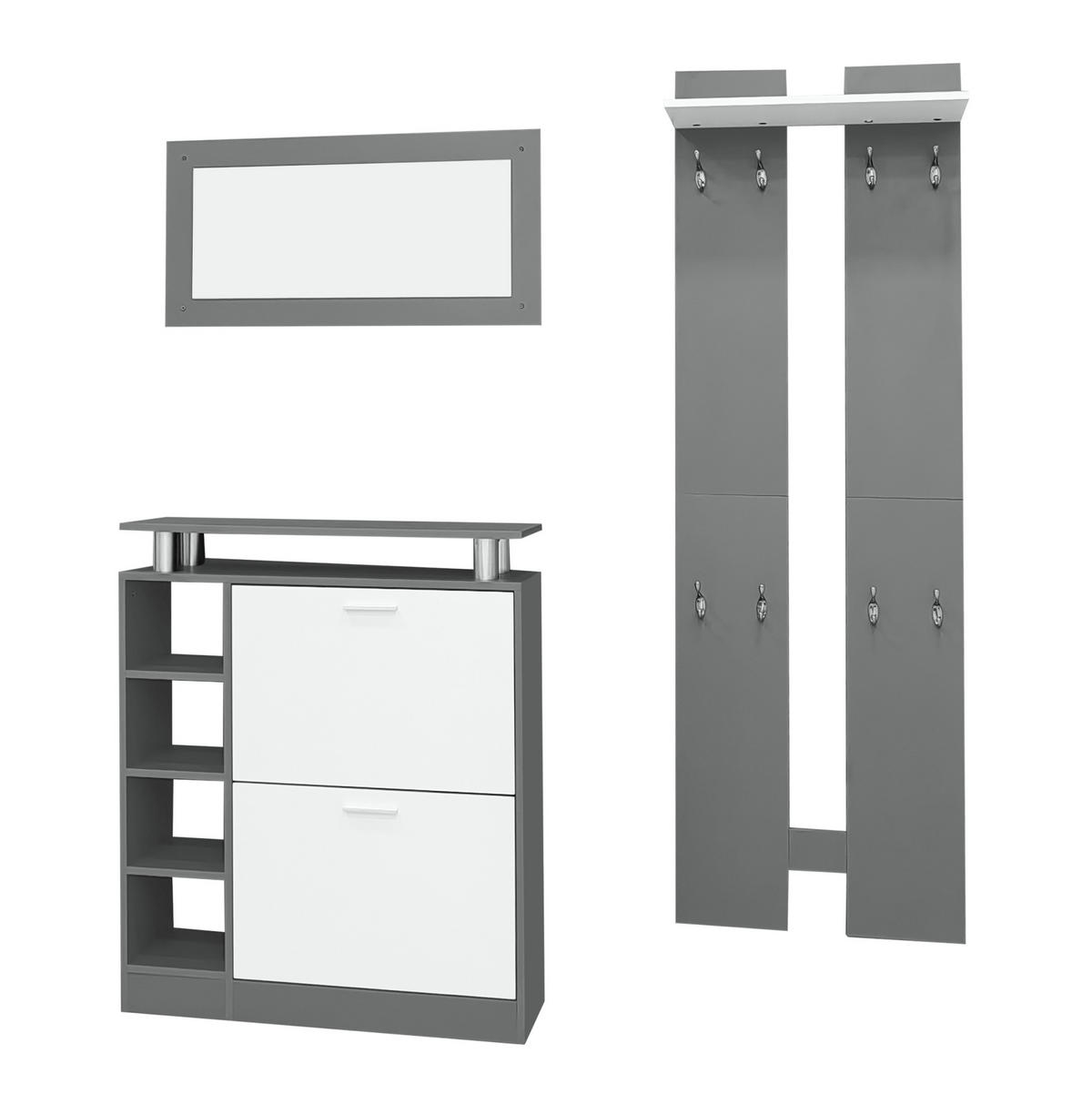GARDEROBENSET 80/25/96,5 cm aus Spanplatte mit Spiegel und verstellbarem Schuhschrank Grau/Weiß - Weiß, Holzwerkstoff (80/96/25cm) - Modenvie