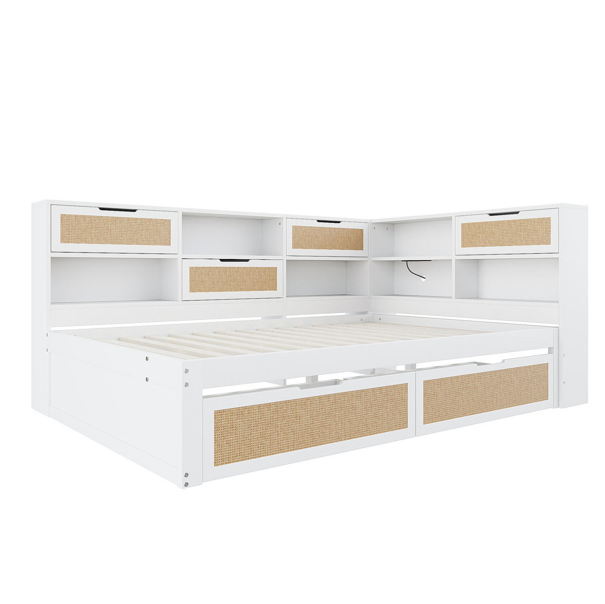 KREVET 140/200 cm s USB priključkom, višestrukim pretincima i ladicama, MDF, Bijela - bijela, drvni materijal (166/92/225cm) - Redom