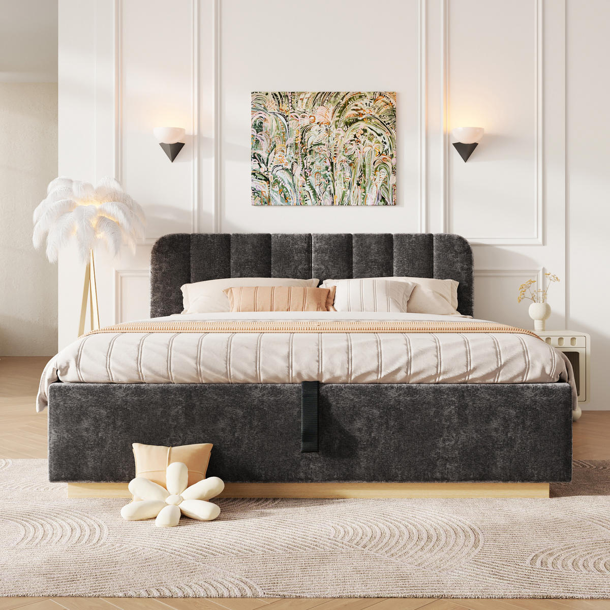 ČALOUNĚNÁ POSTEL 140x200cm Úložná LED Žinylka Antracit - šedá, kompozitní dřevo (140/200cm) - FLIEKS
