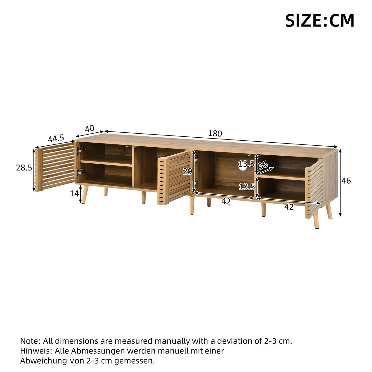 TV STOLEK se 4 dvířky a kabelovým průchodem, přírodní, 180 cm - přírodní, kompozitní dřevo (180/46/40cm) - Urban Meuble