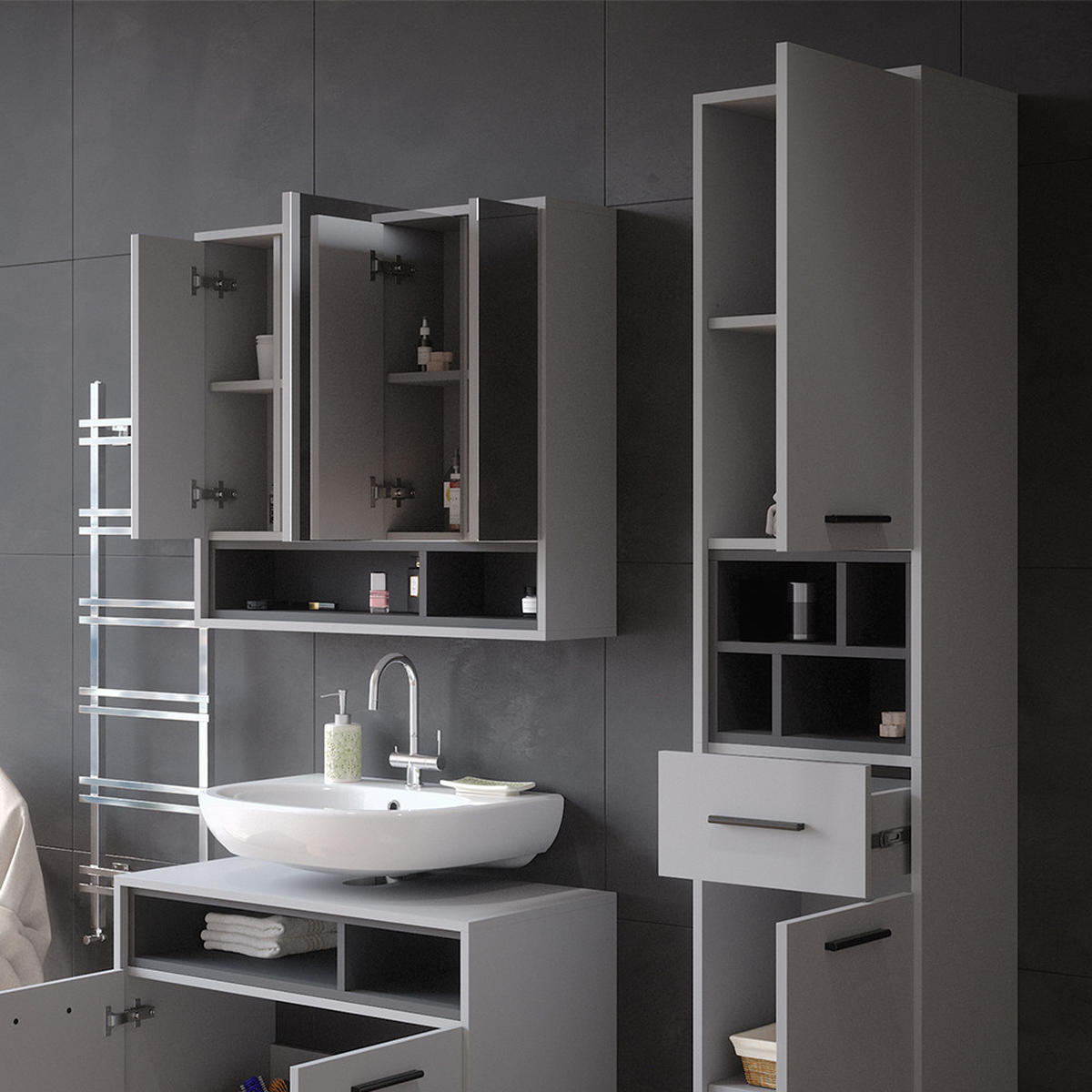 BADSCHRANK Beatrice Grau/Anthrazit 38 x 190 cm mit Türen, Schubladen und Fächern - Grau, Holzwerkstoff (38/190/30cm) - Vicco