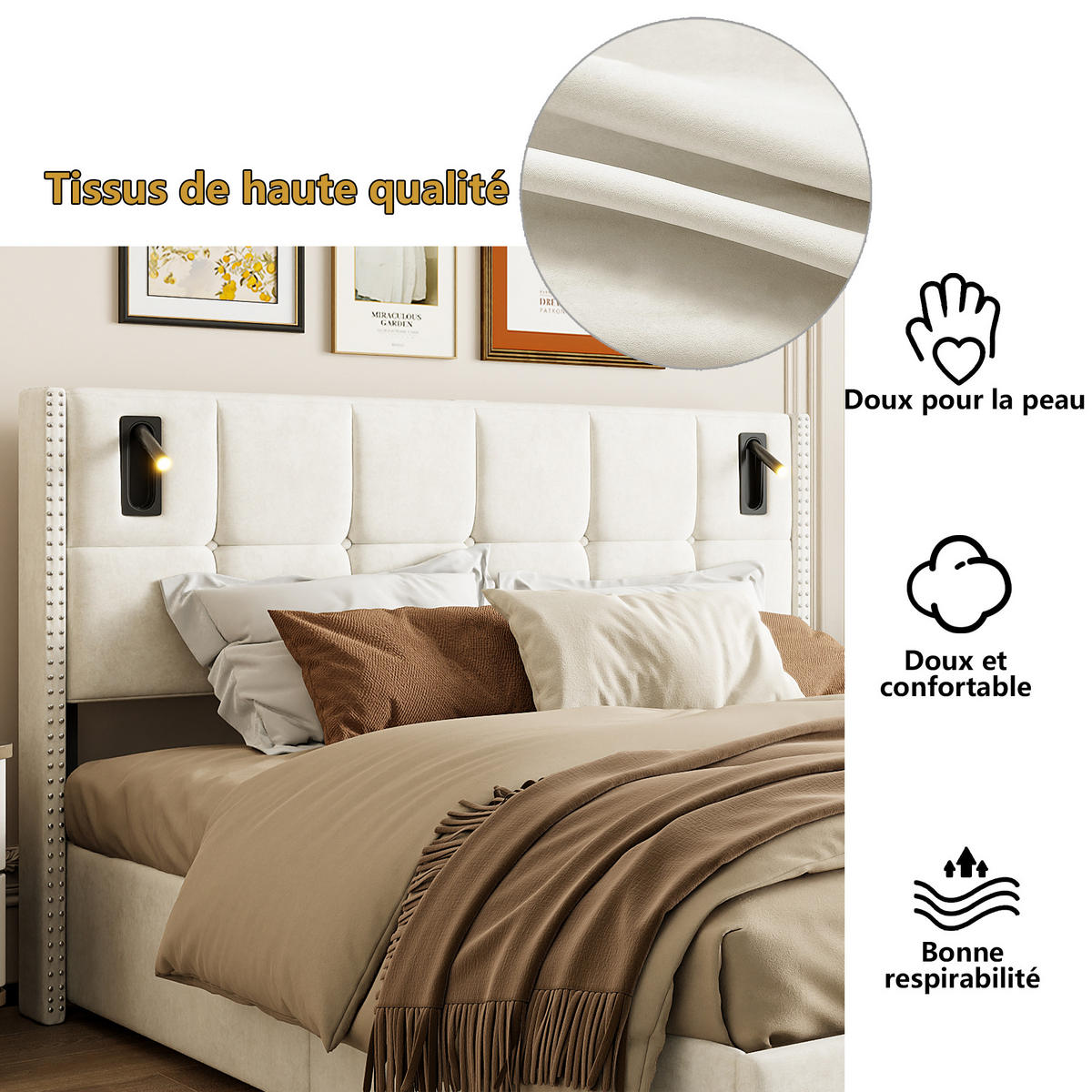 POLSTERBETT 160x200 cm, Beige, Leselampe - Beige, Textil/Metall (160/200cm)