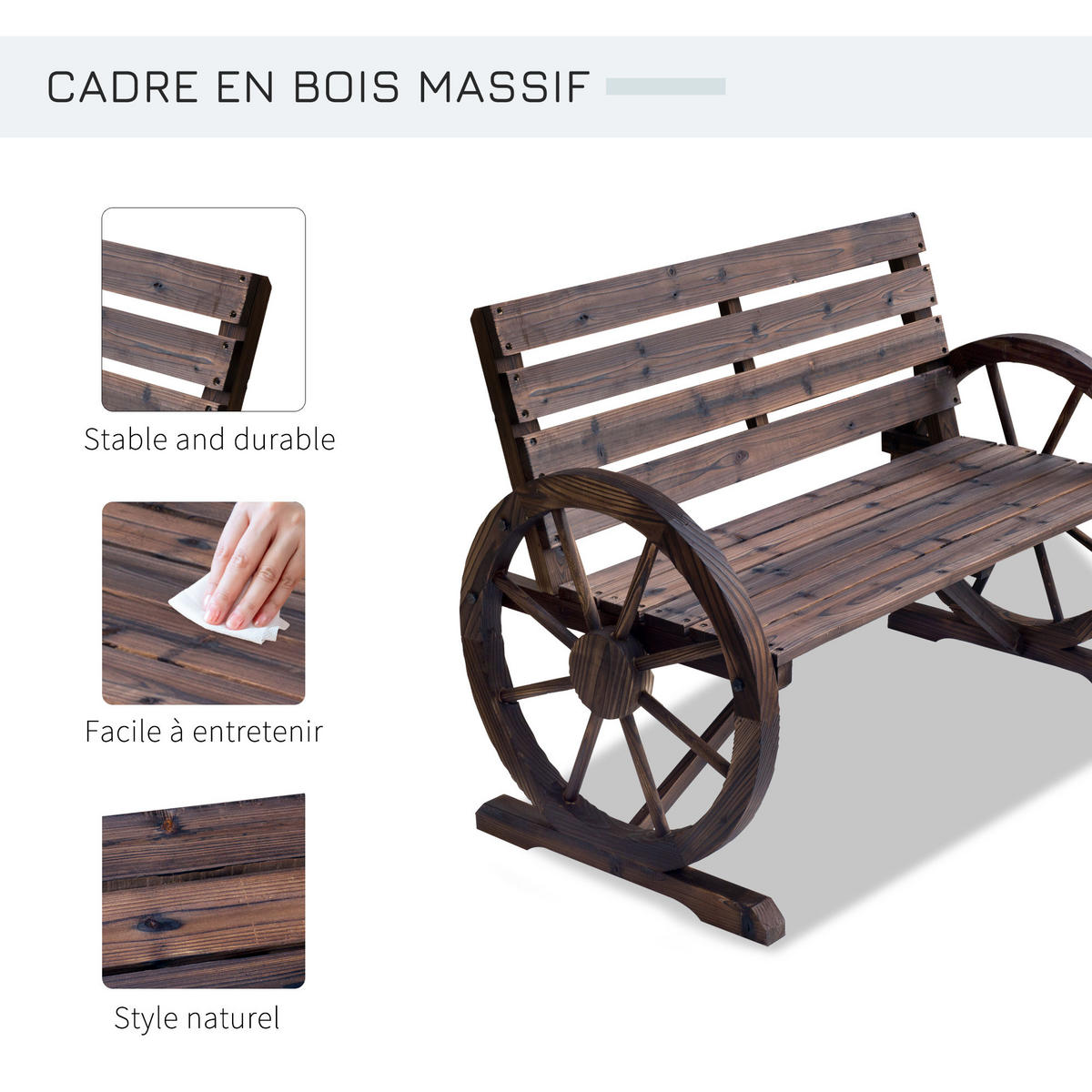 GARTENBANK DE-17756 3-Sitzer mit Wagenrädern & Lattenrost Carbonisiert - Braun, Holz (105.5/75/59cm) - ComfortXL