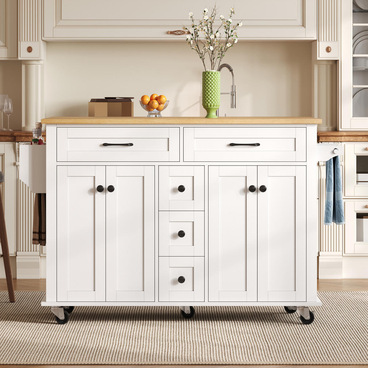KÜCHENINSELWAGEN 140x65x89cm Weiß mit ausklappbarer Platte, Schubladen & 5 Rollen - Weiß, Holzwerkstoff (140/89/65cm) - Modfu