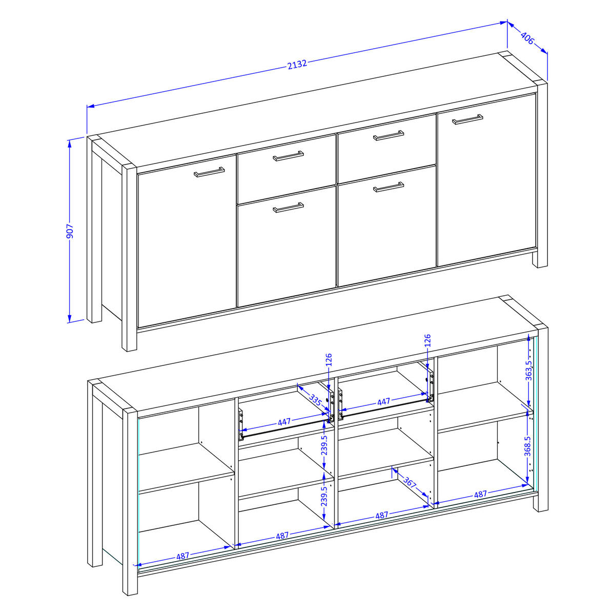 SIDEBOARD ATTIVO 213/91/41 cm mit 2 Schubladen und 4 Türen Eichefarben - Eichefarben, Holzwerkstoff (213/91/41cm) - MASSENO