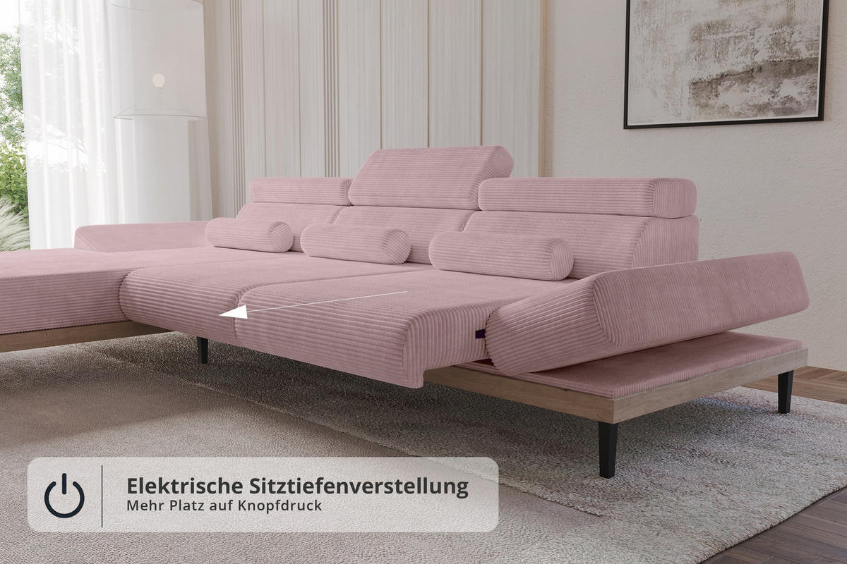 ELEKTRISCHES ECKSOFA Links MONA 316x205x85 Rosa Cord - Rosa, Holzwerkstoff/Textil (316/205cm) - ALTDECOR