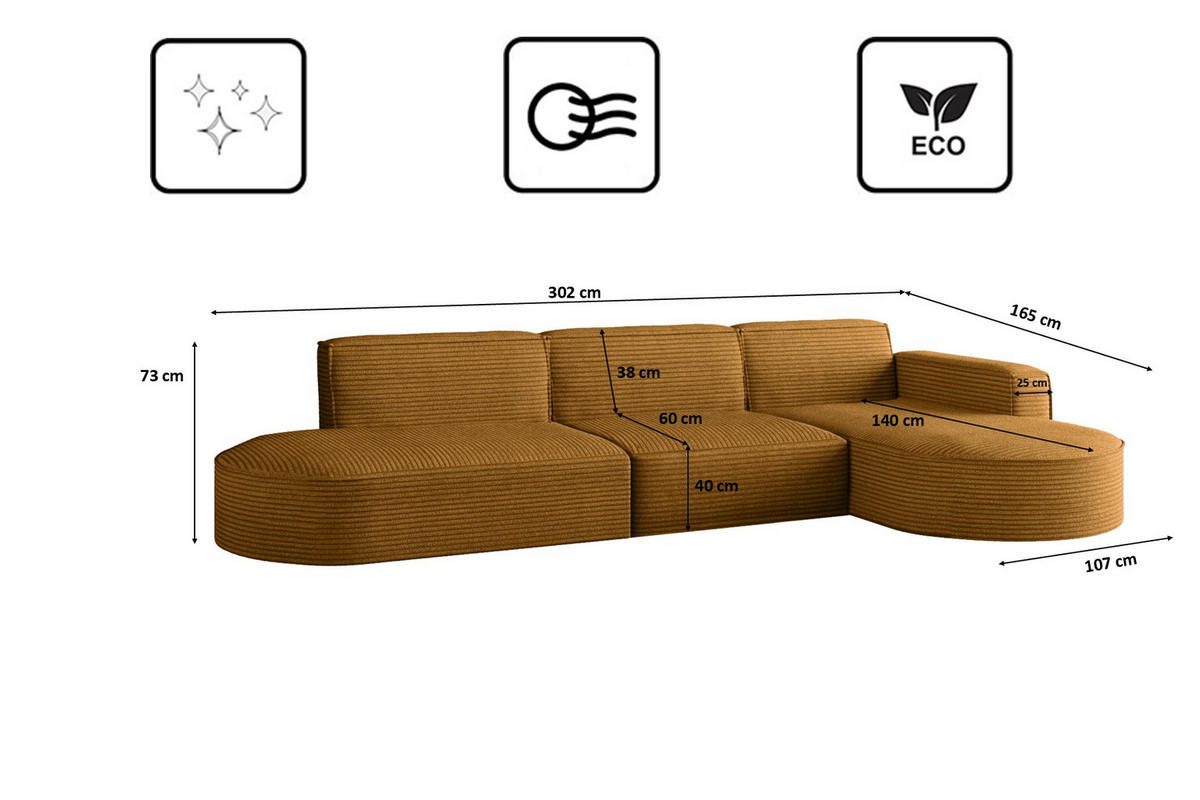 ECKSOFA Designer, Sofa L form MODENA 302 cm stoff Poso Senffarbe Rechts - Gelb, Holz (302/296cm) - Kaiser Möbel
