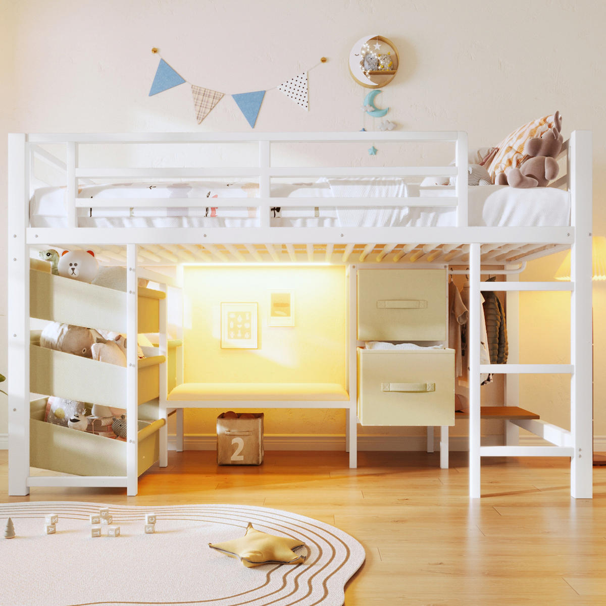 HOCHBETT 90/200 cm Weiß aus Metall mit LED-Beleuchtung und Stauraum - Weiß, Metall (90/200cm) - OKMYHOME