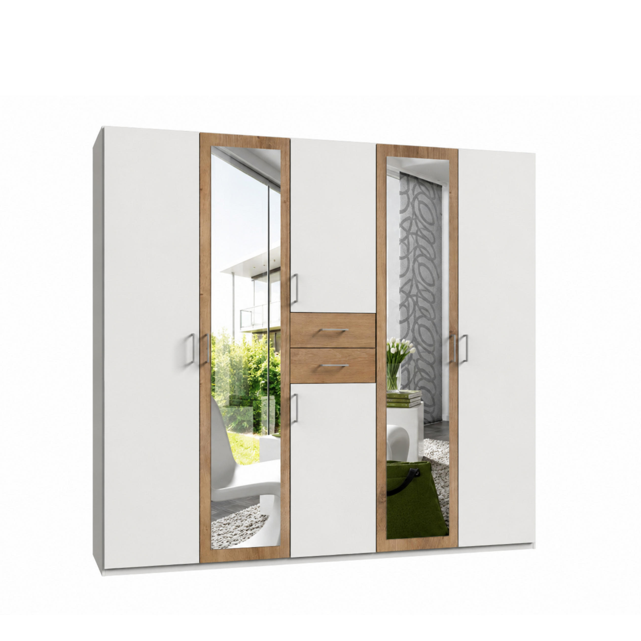 luma-home SKŘÍŇ S OTOČNÝMI DVEŘMI Š225/V208/H58 cm, bílá s akcenty v dubovém dekoru, se 2 zrcadlovými dveřmi a zásuvkami / 22591