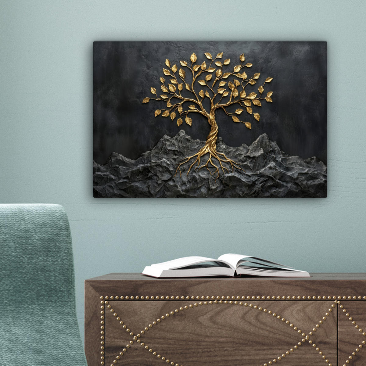 LEINWANDBILD Blätter - Gold - Baum - Fels Deko Schlafzimmer 30x20 cm - Schwarz, Textil (30/20cm) - MuchoWow