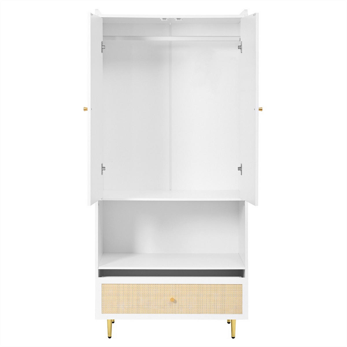 KLEIDERSCHRANK 80x48x175 cm mit goldenen Griffen und Beinen - 2 Türen und 1 Schublade & Offenes Regal - Weiß - Weiß, Holzwerkstoff (80/175/48cm) - DELFA