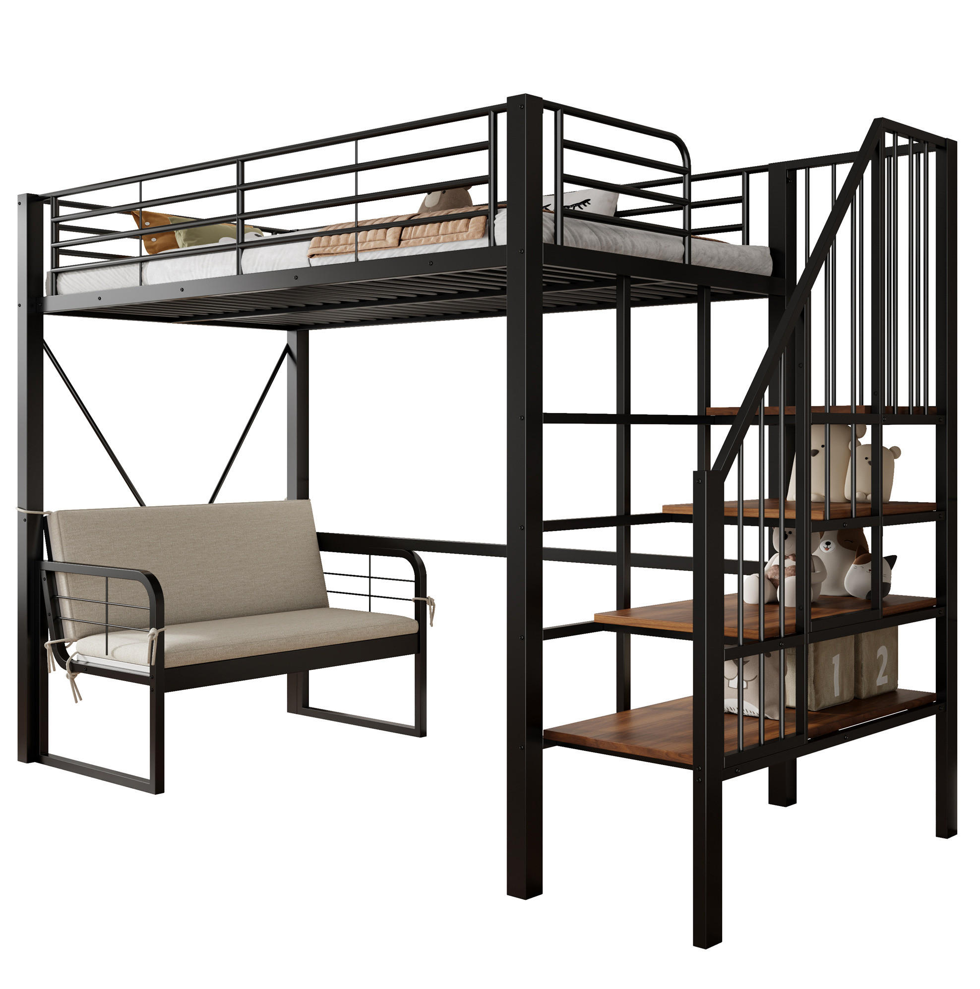 ETAGENBETT 90/200 cm, Schwarz mit Stauraumleiter und Polstersofa - Schwarz, Metall (90/200cm) - MIVRAY