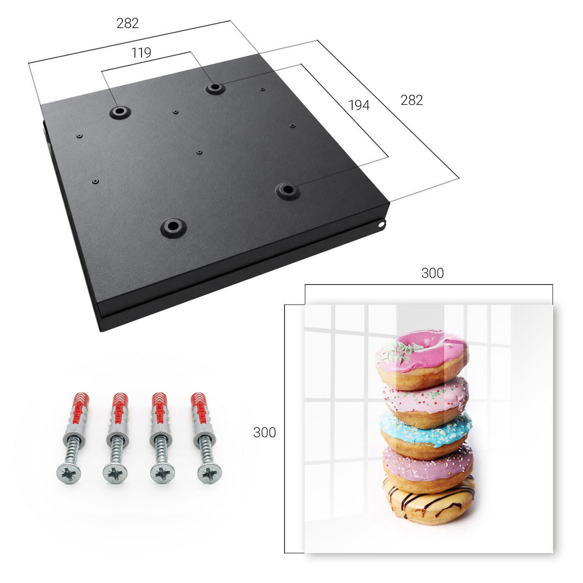SCHLÜSSELBOX Schwarz 30x30 cm- Türöffnung nach rechts - Bunte Donuts - Pink, Metall (30/30/5cm) - TULUP