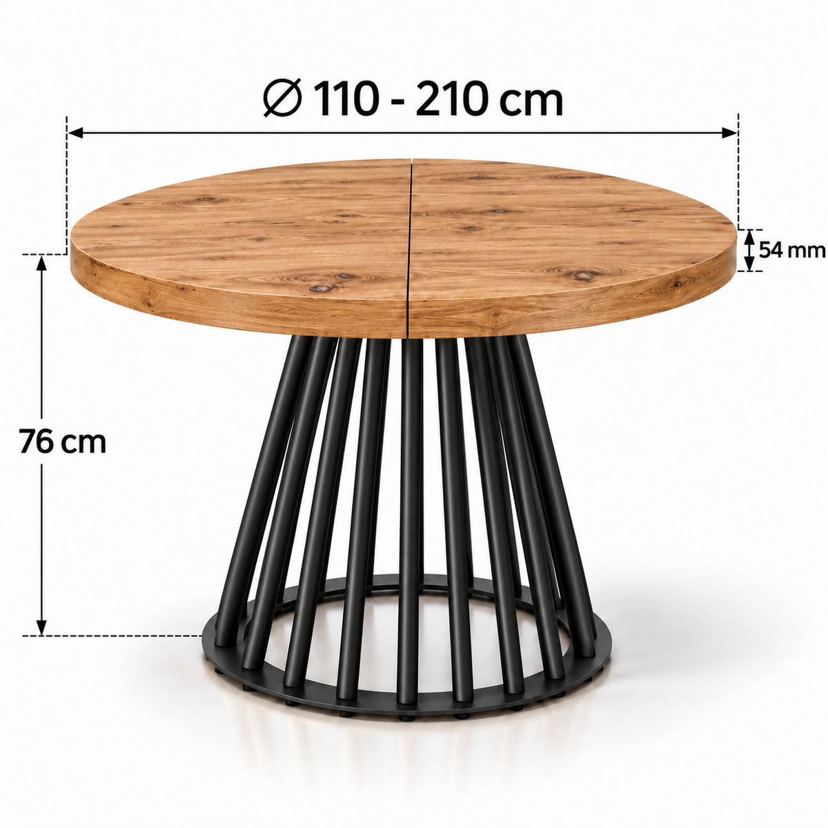 ESSTISCH rund ausziehbar 110/210/76 cm, Eiche Craft, 54 cm Tischplatte + Lamellen-Metallgestell Schwarz - Eichefarben/Schwarz, Holzwerkstoff/Metall (110/210/76cm) - Damale Möbel