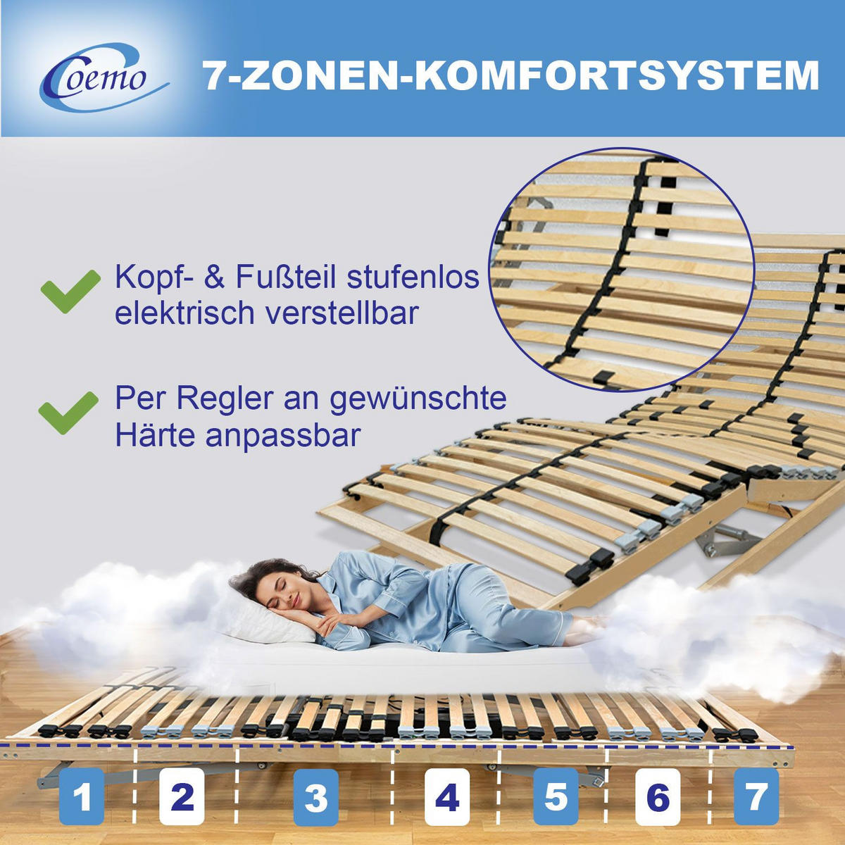 LATTENROST ERGO KF MIT MOTOR 80 x 200 cm Kopf-Fußteil verstellbar, Selbstmontage - Naturfarben, Holz (80/200cm) - Coemo