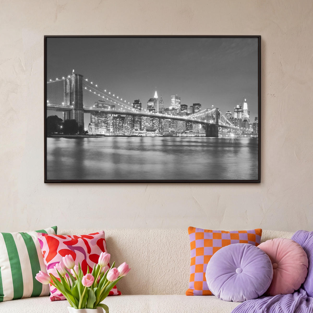 LEINWAND Bilder mit Rahmen - New York - Brücke - Brooklyn - Schwarz und weiß - Architektur - 90x60 - Schwarz, Textil (90/60cm) - MuchoWow