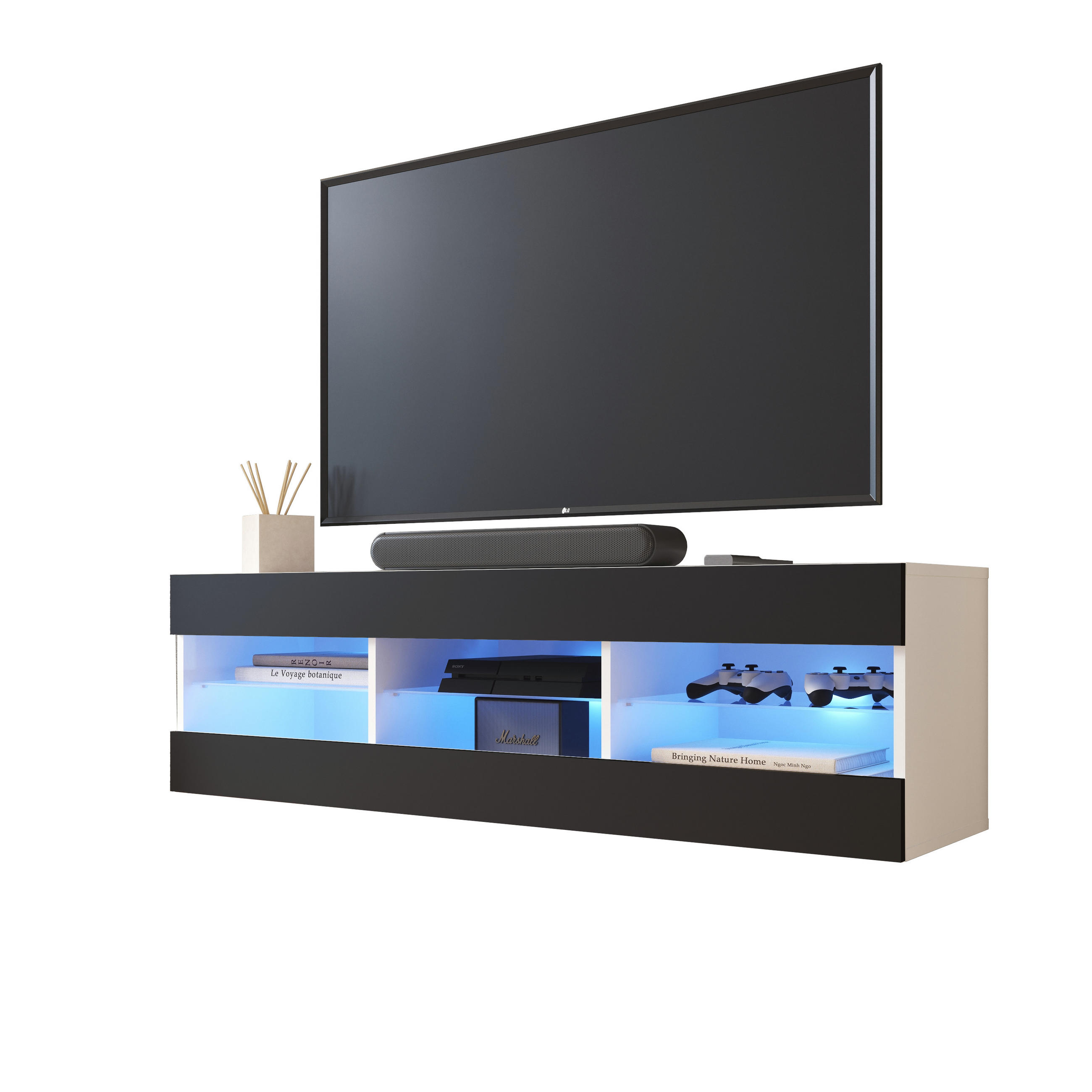 LOWBOARD TIVOLI RTV 140, Schwarz, LED Blau - Schwarz/Weiß, Glas/Holzwerkstoff (140/40.5/35.5cm) - Komodee