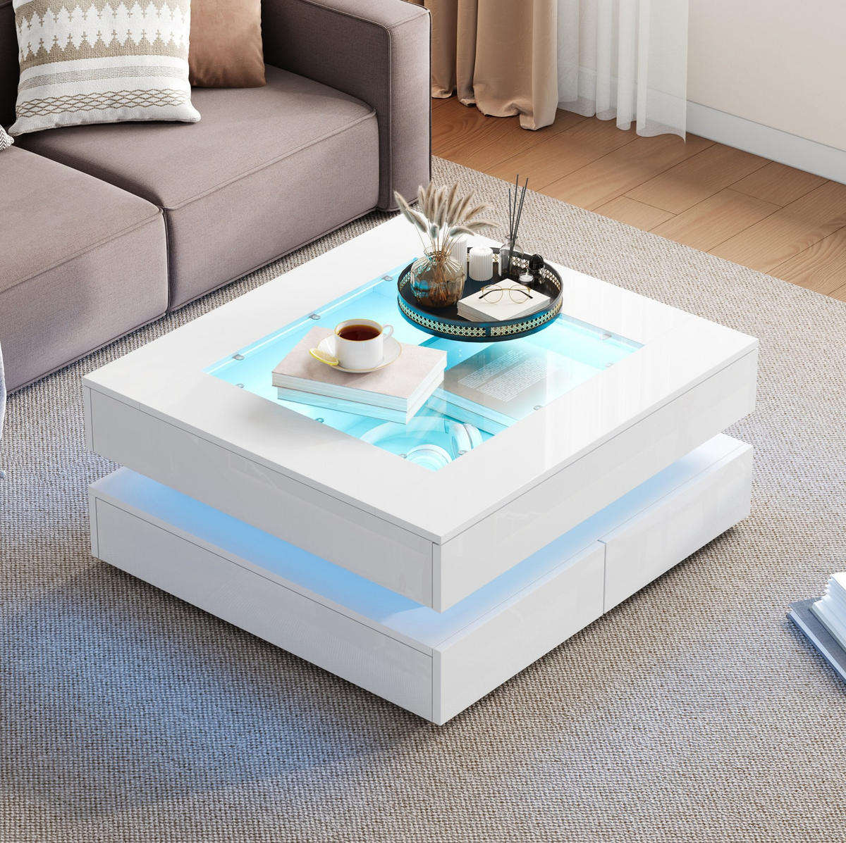 COUCHTISCH 70/70/35 cm mit LED-Beleuchtung, 3 Schubladen und Glastischplatte, Weiß - Weiß, Holzwerkstoff (70/70/35cm) - Modfu