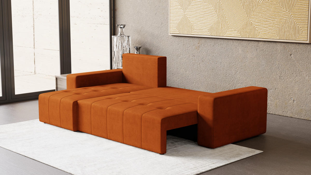 ECKSOFA Tico mit Bettkasten und Schlaffunktion, L-Form/XL-Form, Velourstoff, Universal - Rostfarben, Holzwerkstoff (246/145cm) - 4ALL HOME