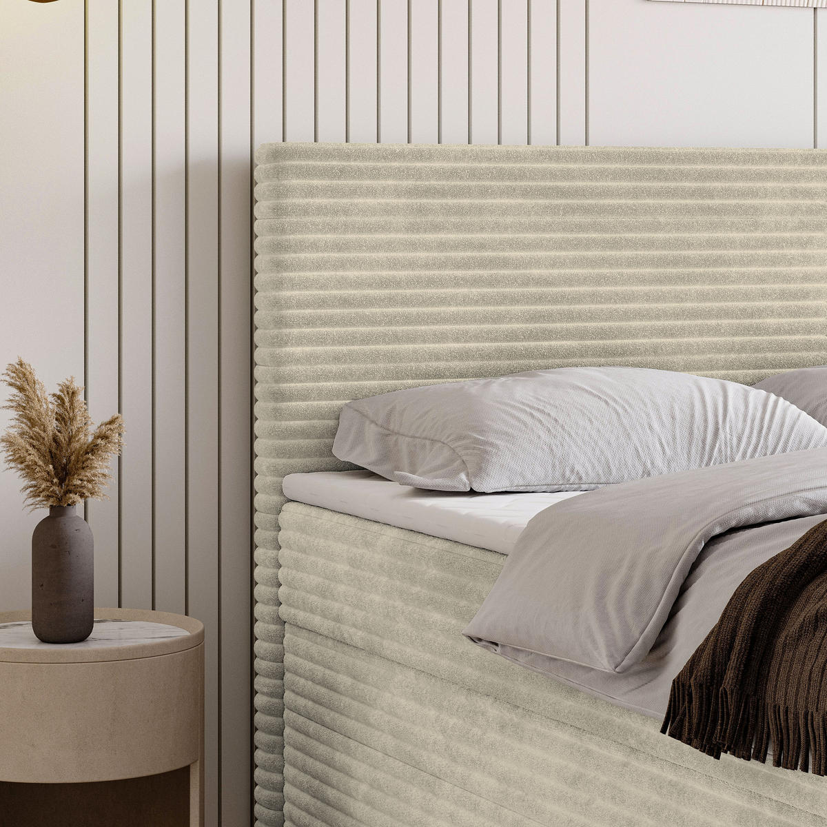 BOXBETT NOLEN 160x200 cm mit Matratze und Topper - Creme - Creme, Holz (160/200cm) - MASSENO