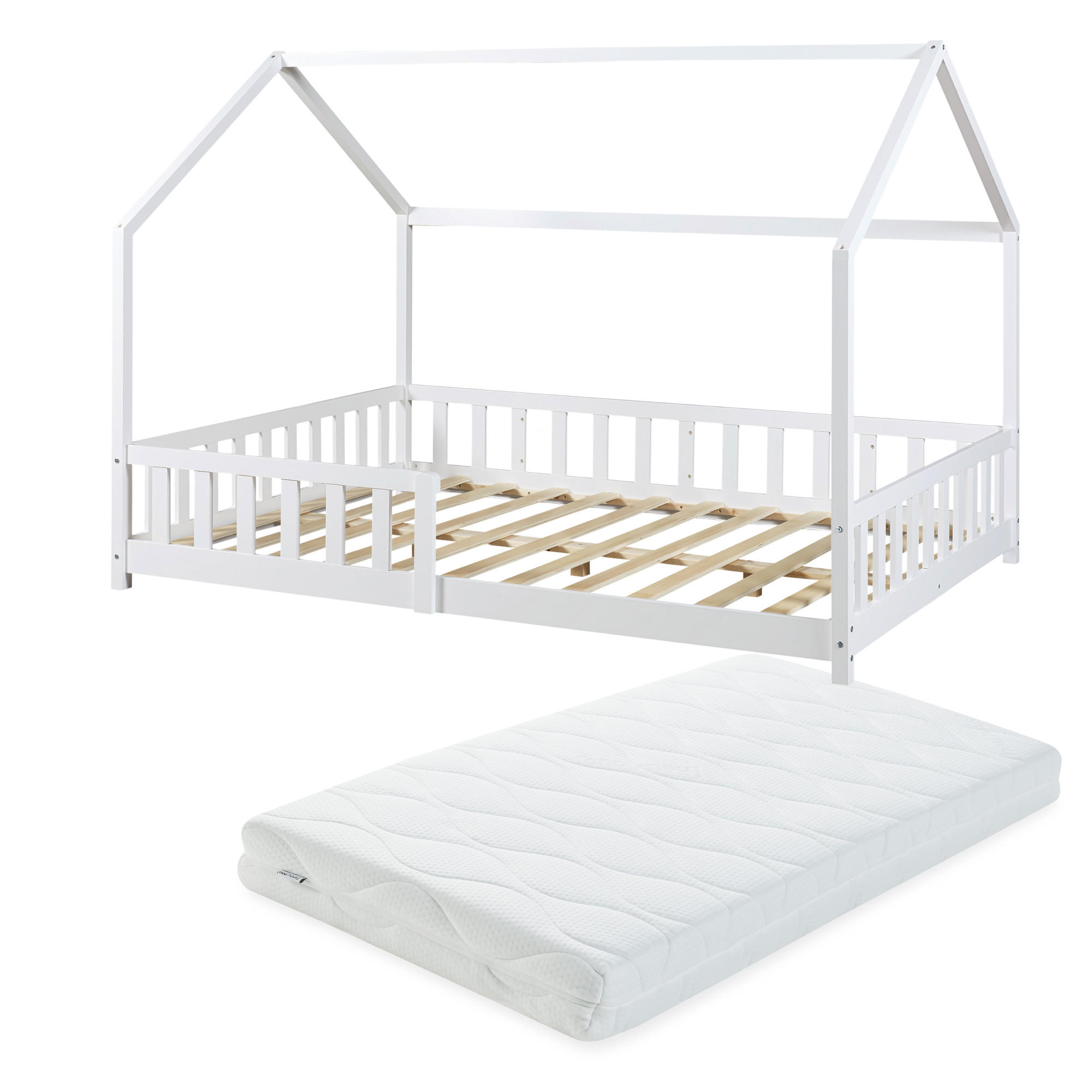 HAUSBETT Hesel mit Matratze - Weiß, Holz/Textil (140/200cm) - [en.casa]