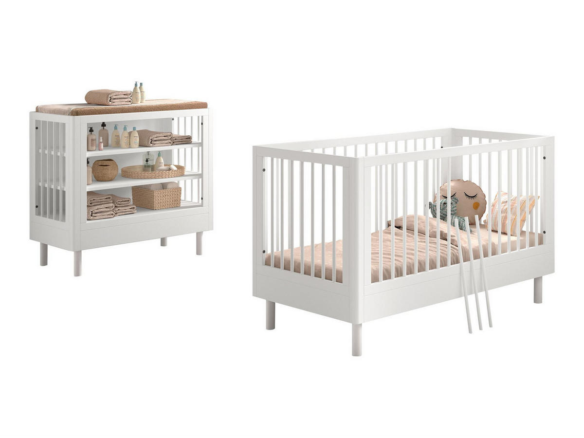 BABYBETT SET 70x140 Keeley Buche Weiß Holz Regal Komfort Stabil - Weiß, Holz (74/88/144cm) - 58aufmkessel