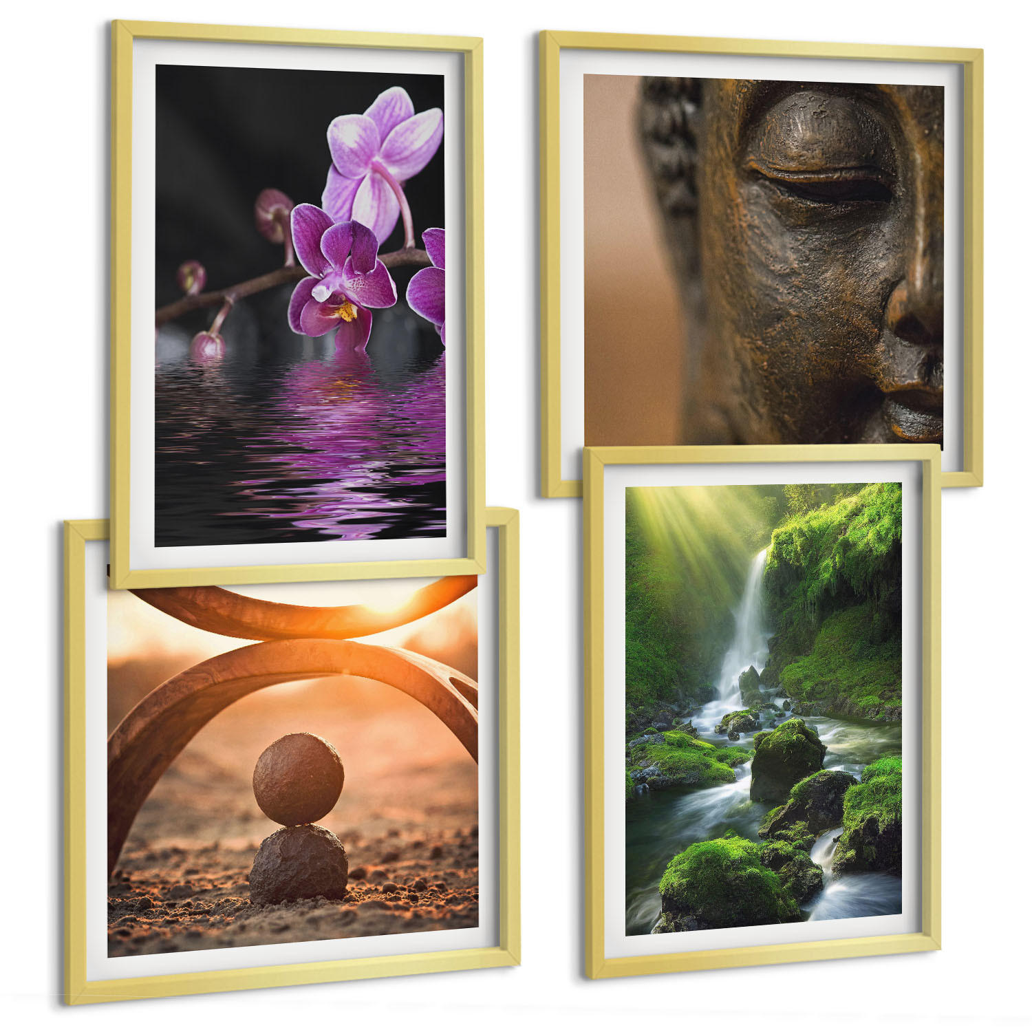 BILDER SET 4er Set - 50x50 cm & 40x60 cm Goldrahmen - Blumen im Wasser des Buddha-Wasserfalls - Goldfarben, Kunststoff (50/50cm) - TULUP
