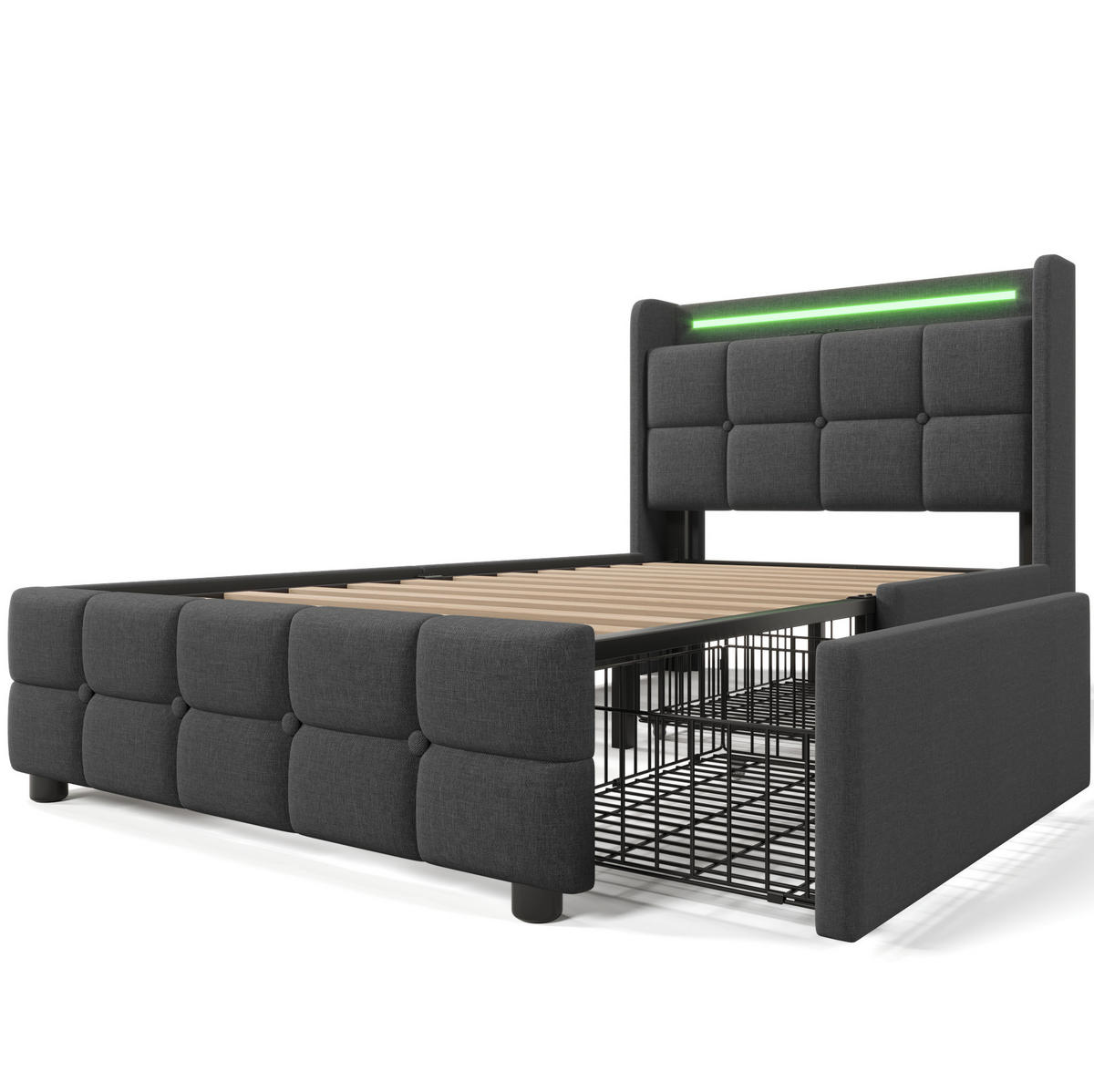 POLSTERBETT 90/200 cm mit LED-Beleuchtung, USB und 2 Schubladen in Grau - Grau, Holz (90/200cm) - BEAOK