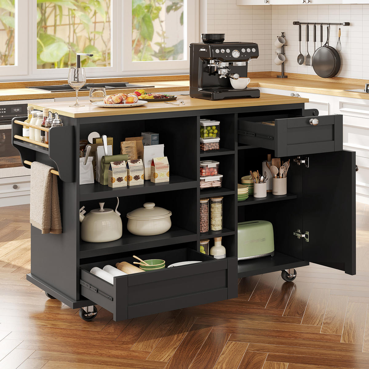 KÜCHENINSEL 129/46/92 cm Schwarz mit Holzplatte, Schubladen, Schrank, Regal und 5 Rollen - Schwarz, Holz/Holzwerkstoff (129/92/46cm) - Oxeza