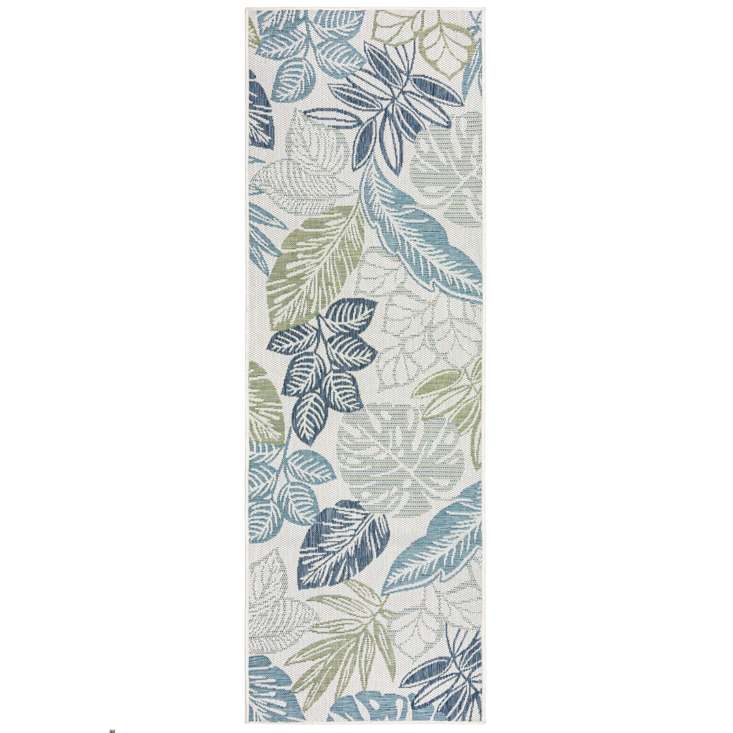 TEPPICH Outdoor Naturmotive Muster, Floral, Balkon schmutzabweisend Blau-Grün Läufer 80x230 - Grün, Textil (80/230cm) - KADIMA DESIGN
