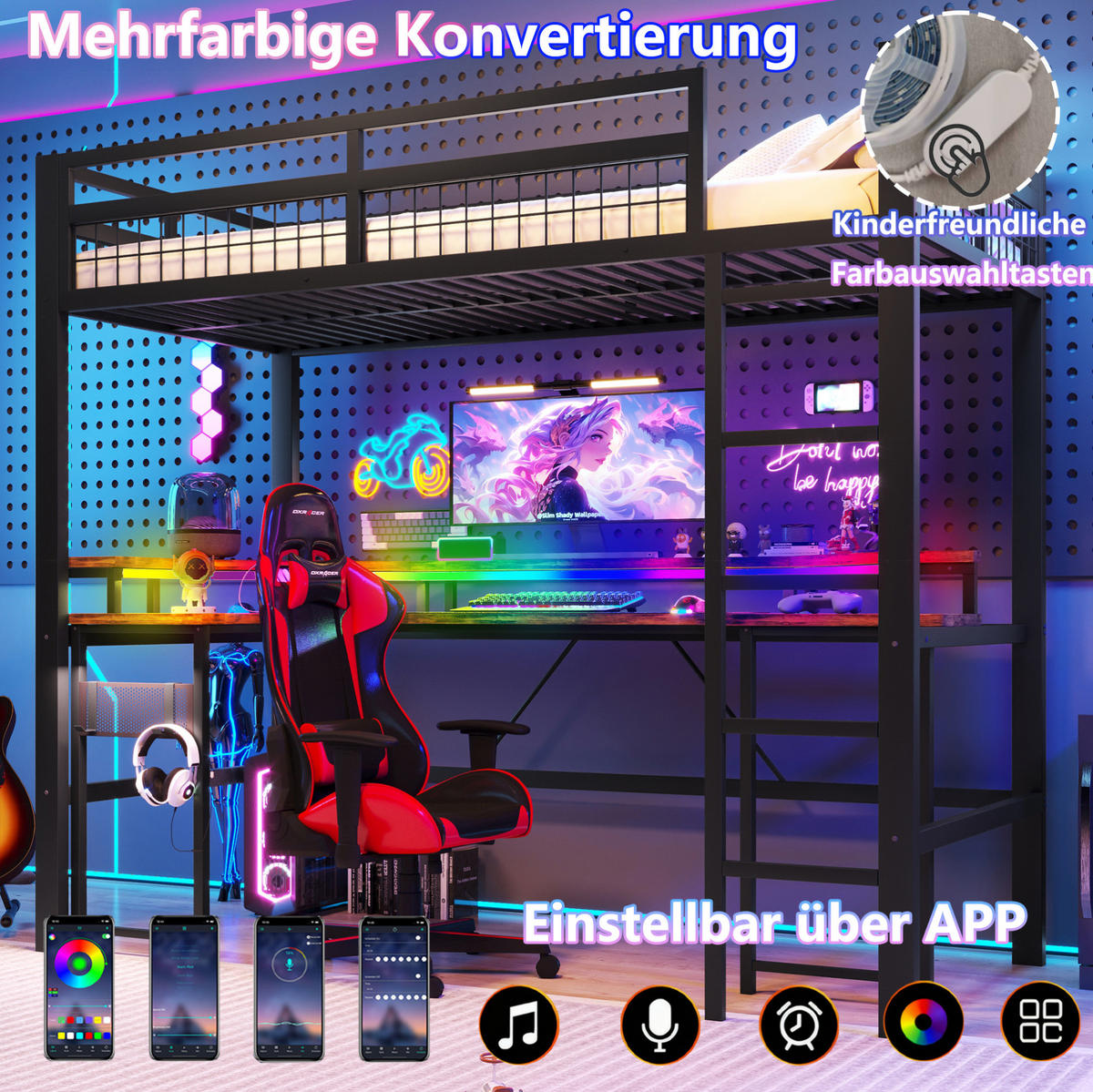 HOCHBETT aus Metall und MDF 90x200 cm Schwarz mit Schreibtisch, LED-Beleuchtung, USB-C und Lochwand - Schwarz, Metall (90/200cm) - Modfu