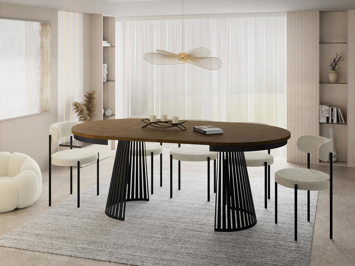 ESSTISCH Naro rund ausziehbar mit Schwarzem Lamellen-Metallgestell, Eiche Braun Rustikal 100-180/100/76 cm - Alteiche/Schwarz, Holzwerkstoff/Metall (100/176/76cm) - WFL GROUP