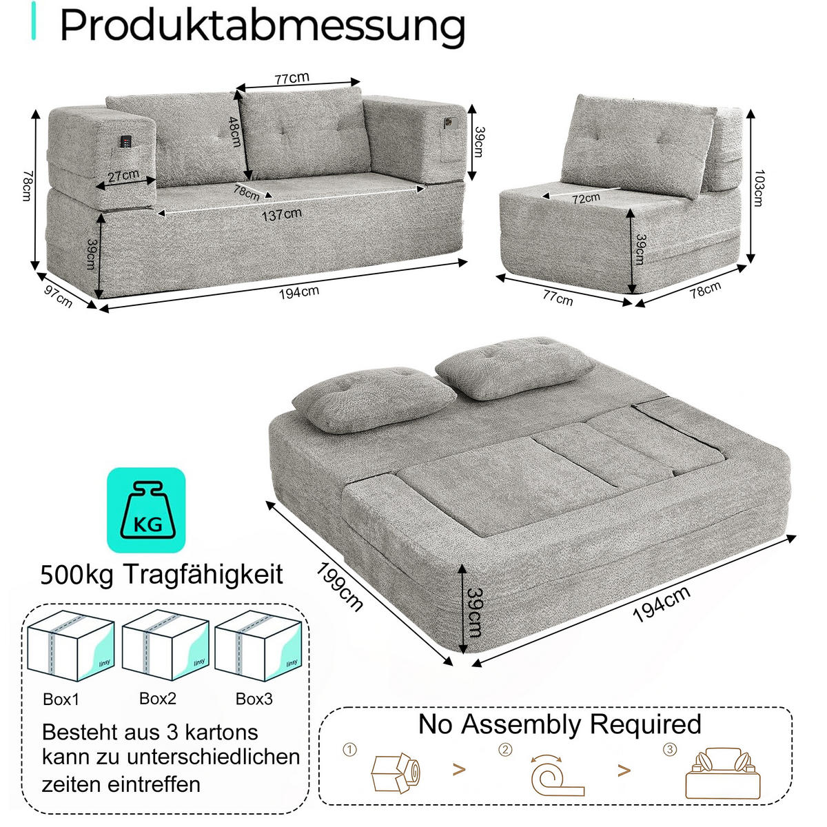 SITZGARNITUR DE-35041 2-in-1 mit Schlaffunktion Hellgrau - Hellgrau, Textil (194/39/199cm) - ComfortXL