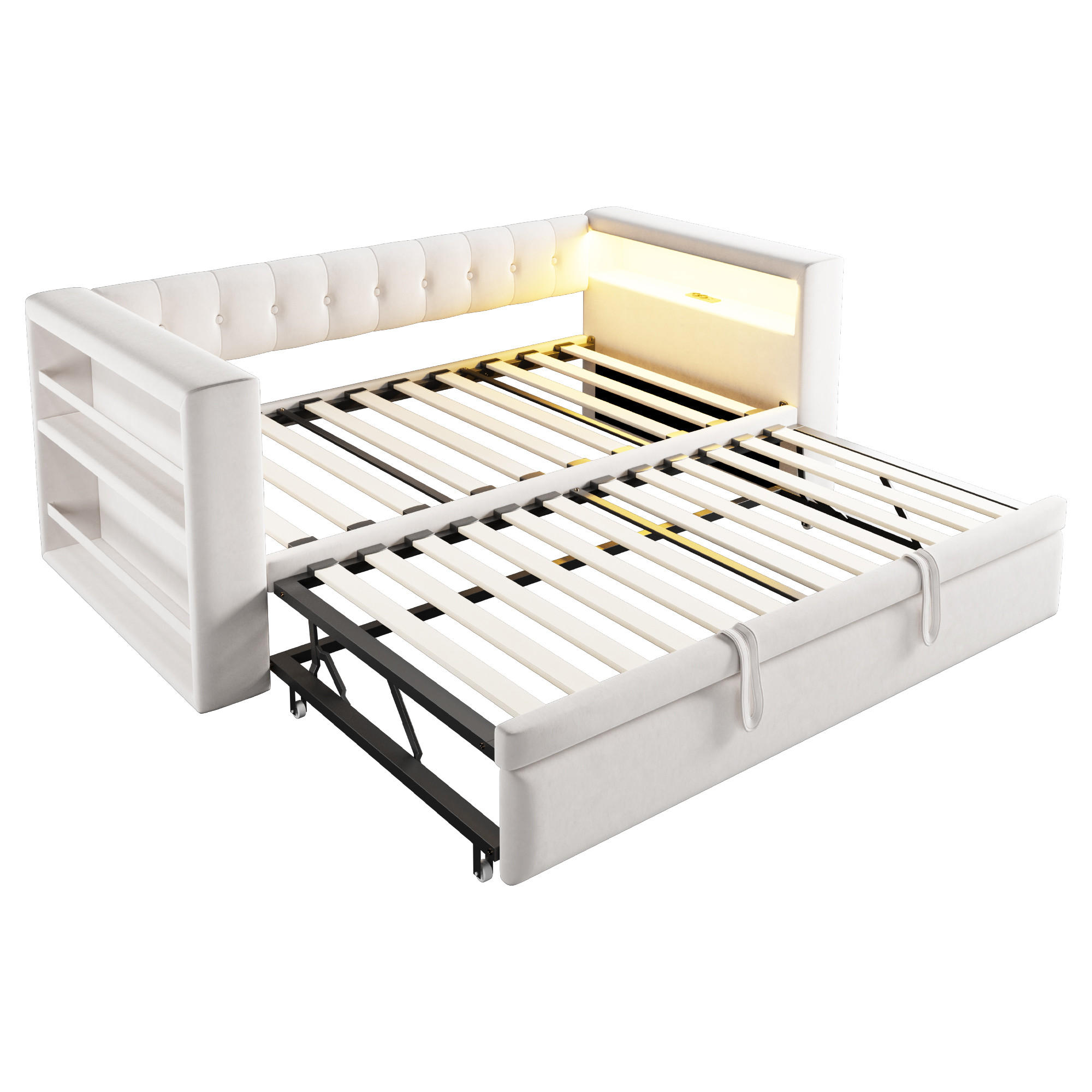 AUSZIEHBETT 90/180/190 cm DE-02084, in Beige, mit LED und Steckdosen - Beige, Metall (90/190cm) - ComfortXL