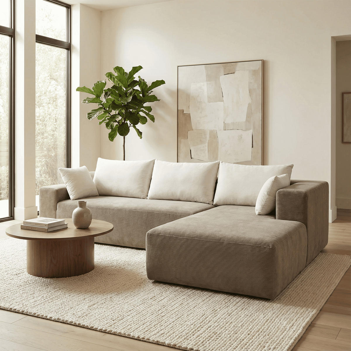 ECKSOFA Luna Sand Weiß 3-Sitzer Rechts - Beige/Weiß, Textil (267/175cm) - COCO Living